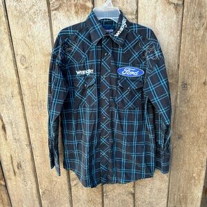 Wrangler mens Sz Small Ford Western Shirt Long Black Blue Plaid Embroidered